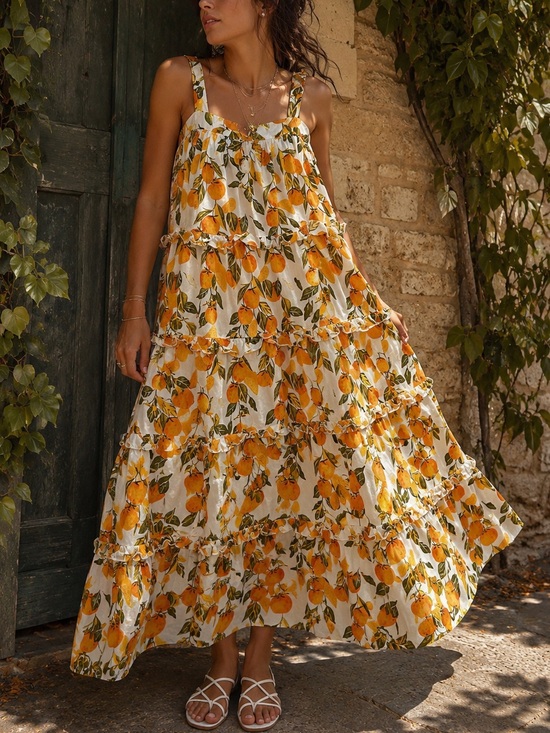Never Fully Dressed Dresses & Skirts - Never Fully Dressed Citrus Orange Lemon Print Tiered Ruffle Maxi Dress US 8